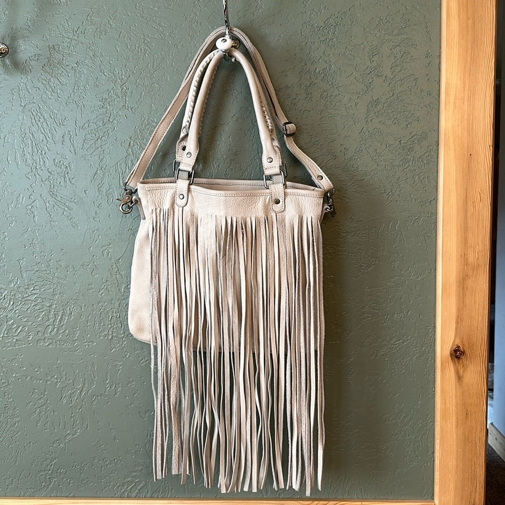 Purse: cream/white leather fringe, multiple handles, lined